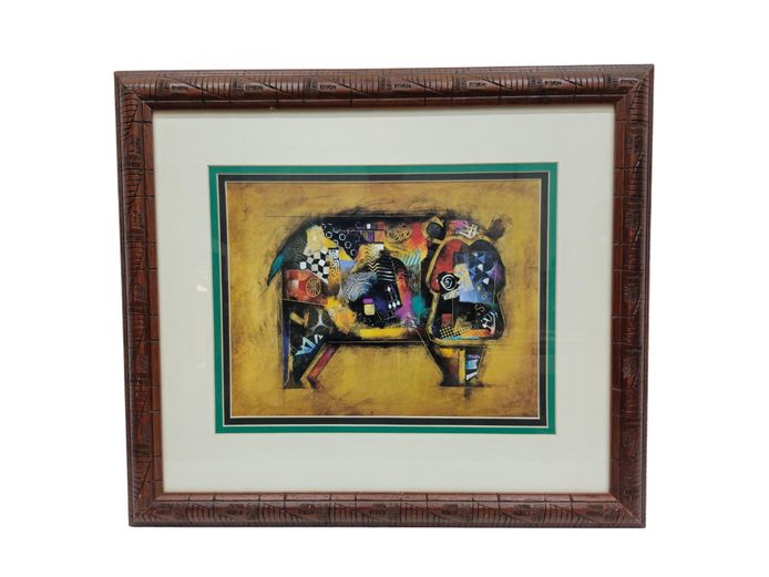 Hand Carved Framed Abstract Hippopotamus Mixed-Media Print