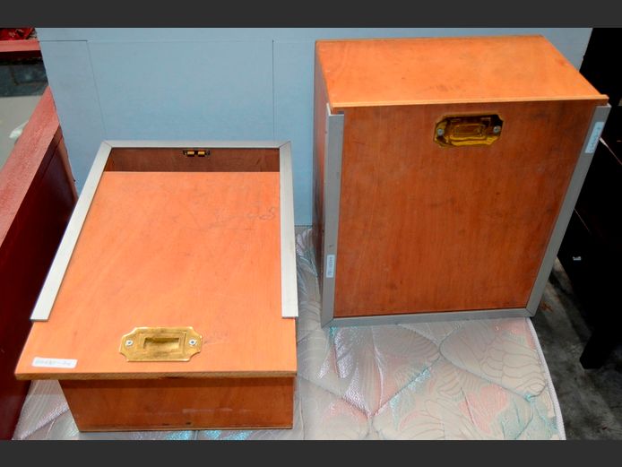 SET OF 2 WOODEN STORAGE CRATES WITH BRASS HANDLES, 39 x 36 x 23cm & 40 x 31 x 23cm