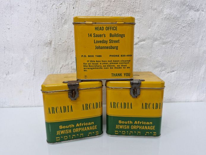 Vintage Arcadia South African Jewish Orphanage Metal Collection Tins