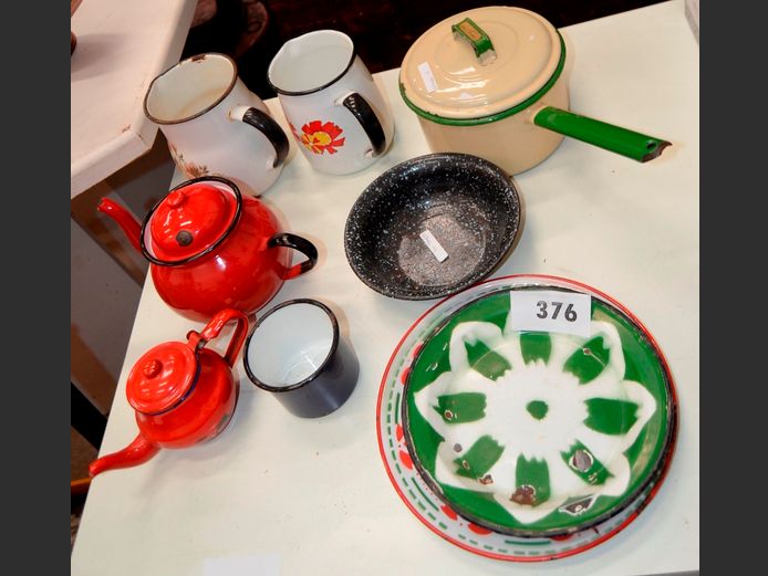 VINTAGE ENAMEL: TEAPOTS, SAUCEPANS WITH LIDS, JUG, etc