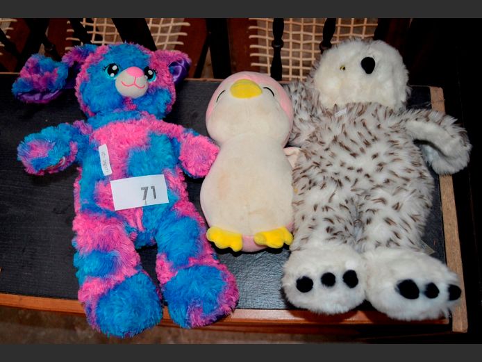 SOFT TOYS: OWL, COLOURFUL BUNNY & PENGUIN