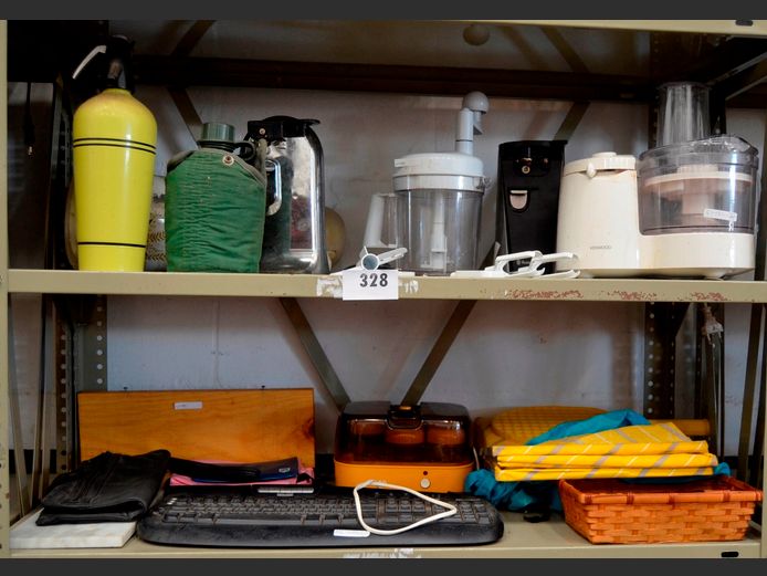 LOT ON 2 SHELVES: KENWOOD FOOD PROCESSOR, SODA SYPHON, TWISTA CHOPPER, etc [Switches on, Untested further] [54,77]