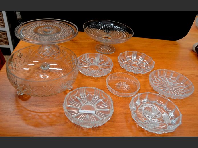 CRYSTAL FOOTED BOWL, TAZZA STANDS, etc