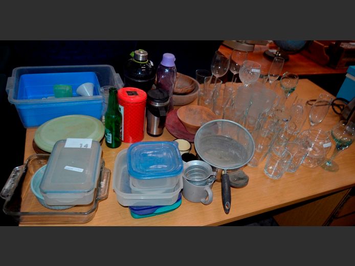 VARIOUS DRINKING GLASSES, WOODEN BOWLS, etc