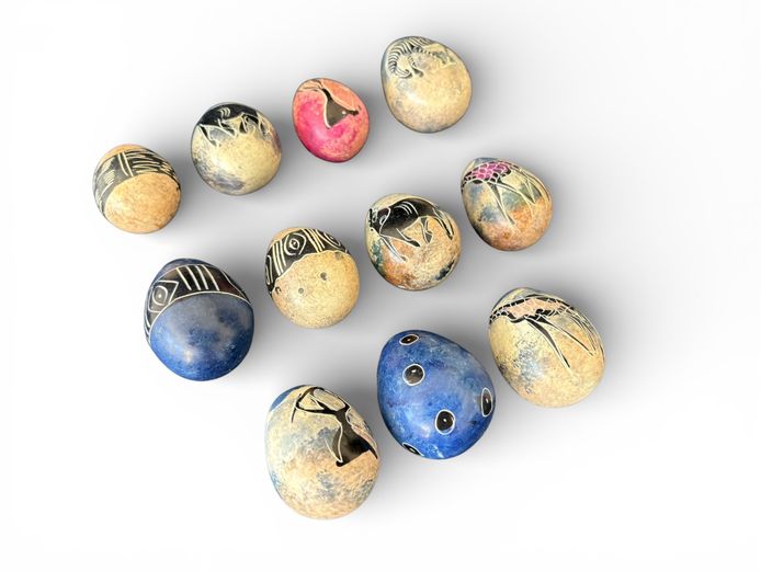 Set of 10 Hand-Carved African Stone Eggs (Wildlife & Tribal Designs)