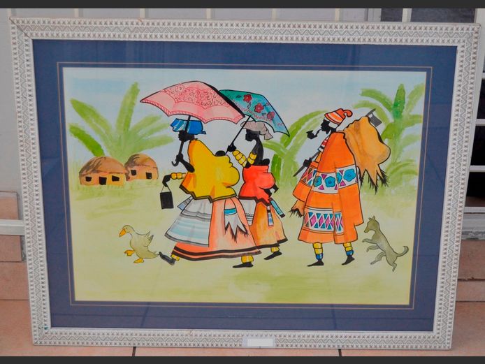 FRAMED MIXED MEDIA "AFRICAN LADIES", 70 x 50cm