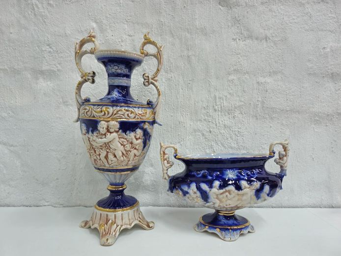 Italian Cobalt Blue Cherub Urn & Centerpiece Pedestal Bowl