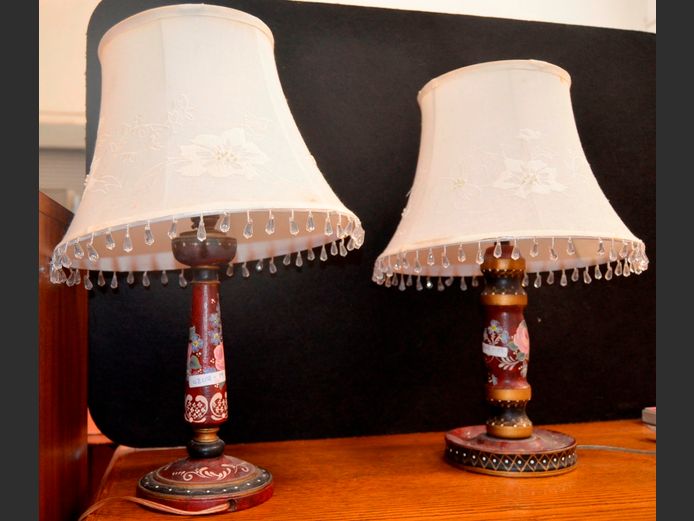 PAIR HAND PAINTED BEDSIDE LAMPS WITH SHADES, 46cm High