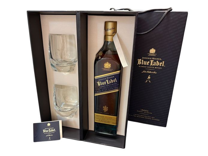 Johnnie Walker Blue Label Blended Scotch Whisky - Limited Edition Gift Set with 2 Bespoke Crystal Glasses 