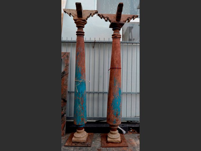 PAIR ANTIQUE INDIAN SATINWOOD & STONE PILLARS, 263cm High