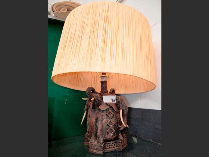 ELEPHANT TABLE LAMP WITH STRAW SHADE [Some tusks needed, fitting needs replacing]