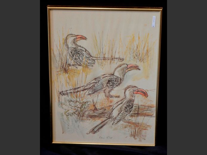 FRAMED MIXED MEDIA "HORNBILLS" SIGNED RENE ELOFF, 59 x 43.5cm