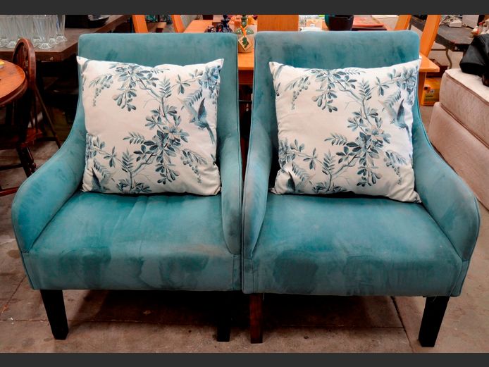 PAIR TEAL ARMCHAIRS WITH GREEN & BLUE SCATTER CUSHIONS [Need a light clean, Stitching loose in places]