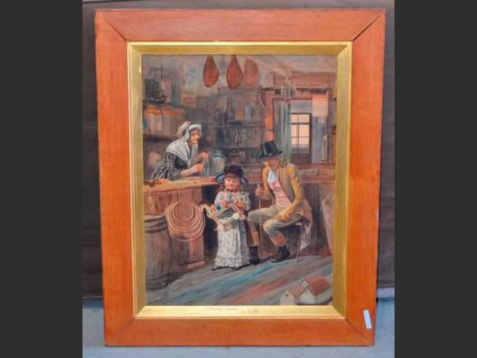 FRAMED OIL ON BOARD "WHOLESALE CUSTOMER" SIGNED H. TUCK, 59.5 x 43.5cm