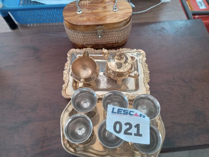 Gold Tea Set and Brass with wine goblets