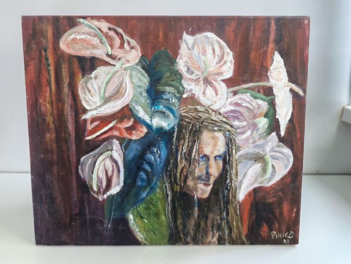 Pauline Hugo Oil on Canvas – Surrealist Portrait with Anthuriums (2021)