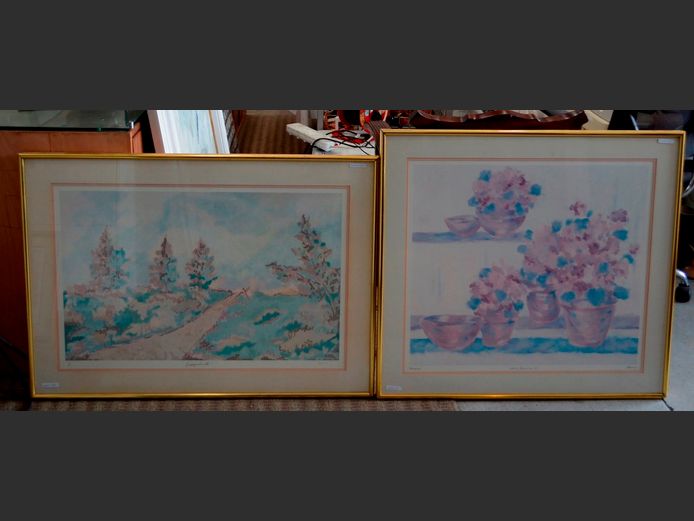 PAIR GILT FRAMED PRINTS: LANDSCAPE & FLOWERS, 67 x 59cm
