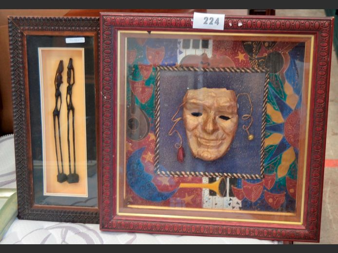 BOX FRAMED AFRICAN ARTWORK & BOX FRAMED DRAMA MASK, 53 x 53cm & 53 x 25cm