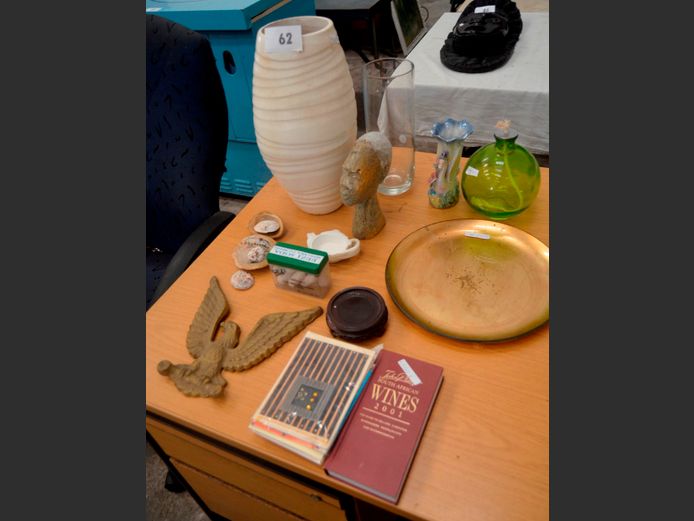 VASES, CAST IRON WALL MOUNT EAGLE, etc