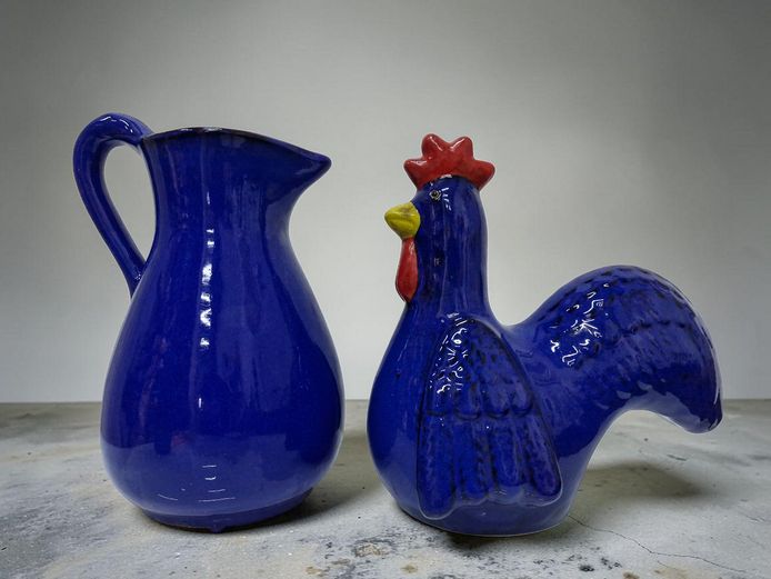 Vibrant Cobalt Blue Studio Pottery Set: Pitcher & Stylized Rooster