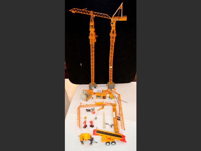 MODEL EARTHMOVING EQUIPMENT: LIEBHERR CRANES WITH EXTRA COMPONENTS, CEMENT MIXER & BRICK CONVEYOR
