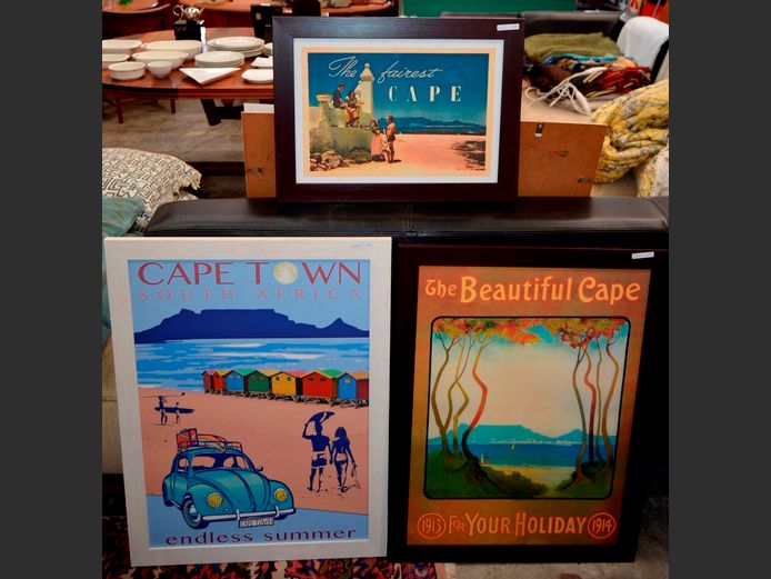 LOT OF 3 FRAMED PRINTS: OLD CAPE TOWN ADVERTS, 69 x 49cm, 68 x 49cm & 38 x 25cm