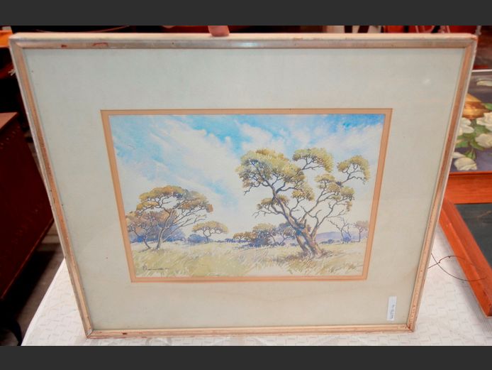FRAMED WATERCOLOUR UNDER GLASS "BUSHVELD" BY MARAIS, 32 x 24cm