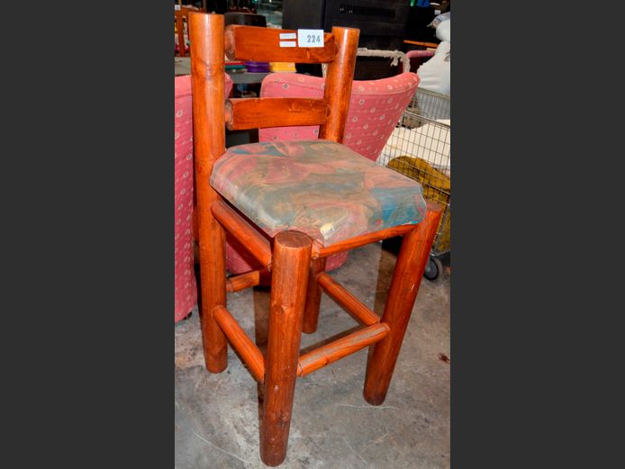 PINE LOG CABIN STYLE BAR CHAIR, 75cm High [Seat torn, needs a clean]	