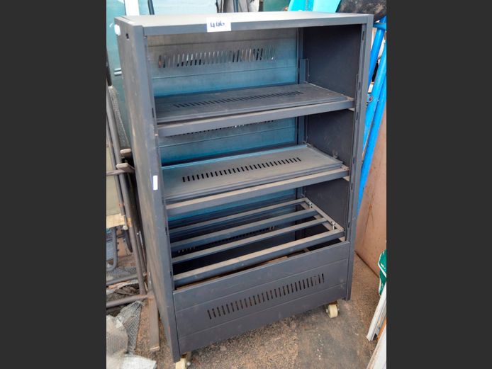 BLACK METAL SOLAR BATTERY STAND ON CASTORS, 78 x 50 x 129cm