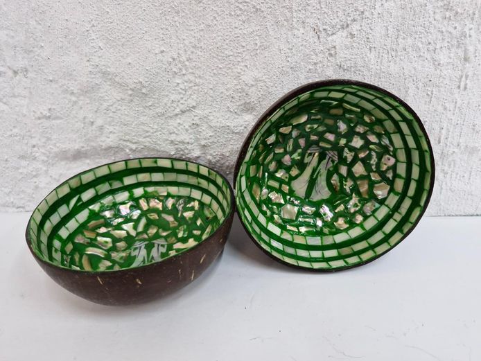 Pair of Inlaid Mother of Pearl Green Mosaic Coconut Bowls