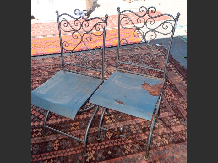 PAIR GREY PAINTED METAL FOLDING CHAIRS [Rusty, 1 Seat loose]