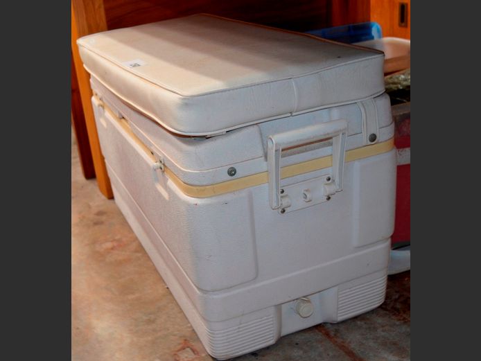 LARGE WHITE COOLER BOX WITH CUSHION TOP, 80 x 38 x 51cm