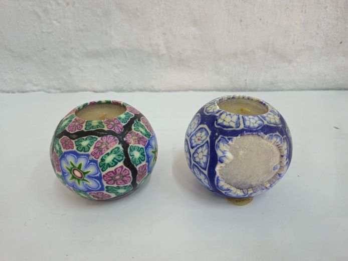 Pair of Miniature Millefiori Pattern Glass Votive Candle Holders