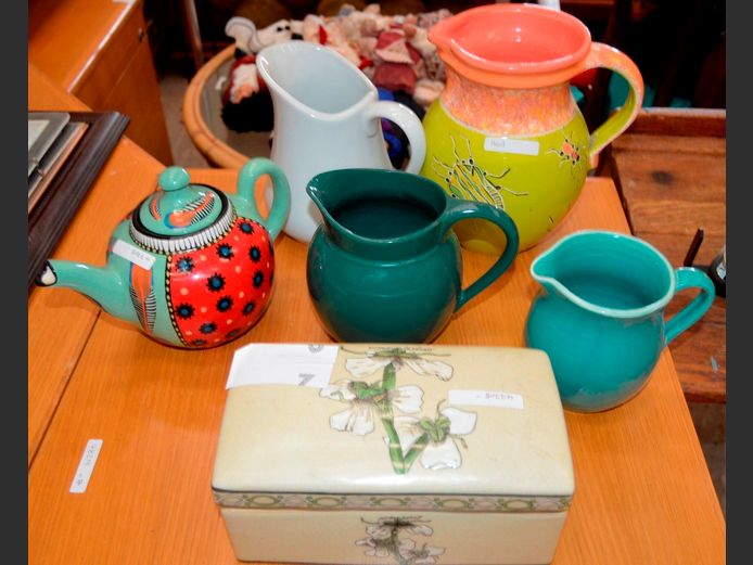 HAND PAINTED JUG, TEAPOT, TISSUE HOLDER, etc