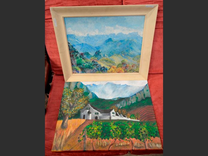 UNFRAMED OIL ON CANVAS "FARM HOUSE", 60.5 x 45.5cm, & A FRAMED OIL ON BOARD "MOUNTAIN SCENE", 49.5 x 39.5cm