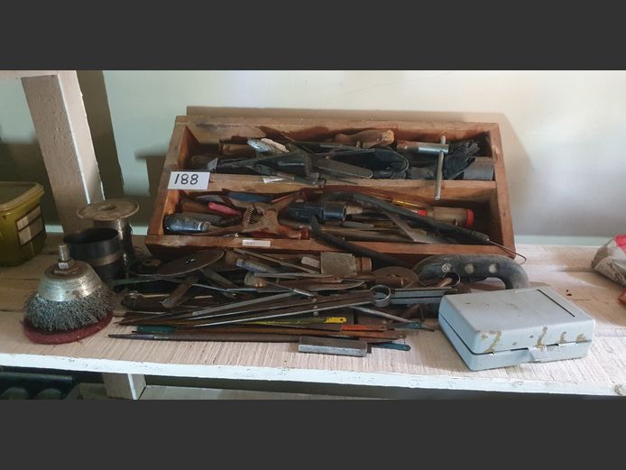 LOT: ASSORTED HAND TOOLS IN WOODEN BOX