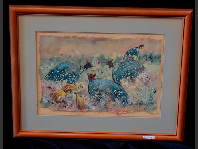 FRAMED MIXED MEDIA "GUINEA FOWL" SIGNED PETRA STIGLINGH, 48 x 33cm