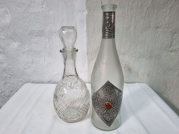 Vintage Crystal Decanter and Frosted Pewter-Overlay Bottle Set
