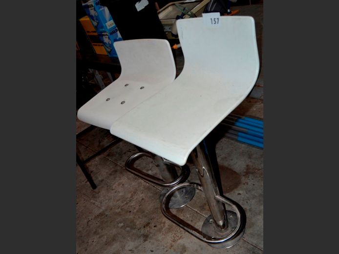 LOT OF 2: WHITE PLASTIC & STAINLESS STEEL FLOOR MOUNT BAR CHAIRS, 68cm High