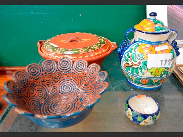 SIGNED POTTERY BOWL, LIDDED URN, LARGE BOWL WITH LID, etc