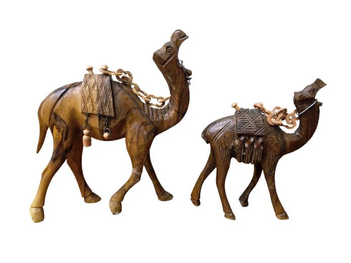 Pair of Vintage Bethlehen Olive Wood Carved Camels