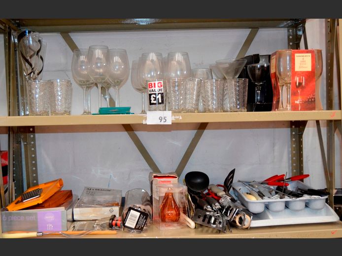 LOT ON 2 SHELVES: WINE GLASSES, CHAMPAGNE GLASSES, COASTERS, CUTLERY, etc