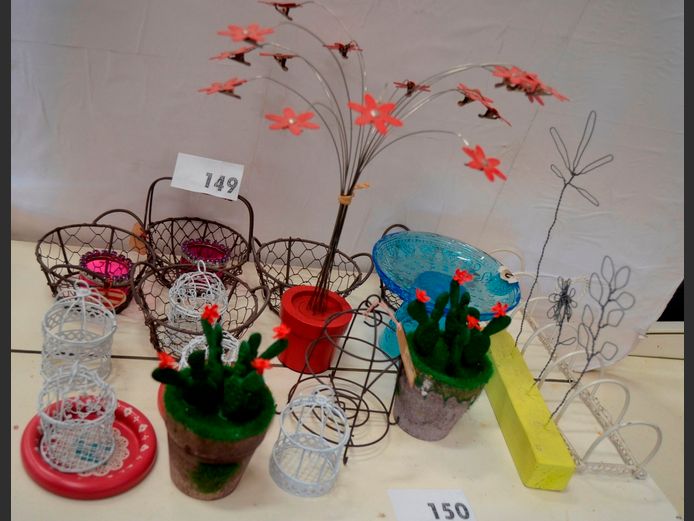WIRE BASKETS, ORNAMENTS, etc
