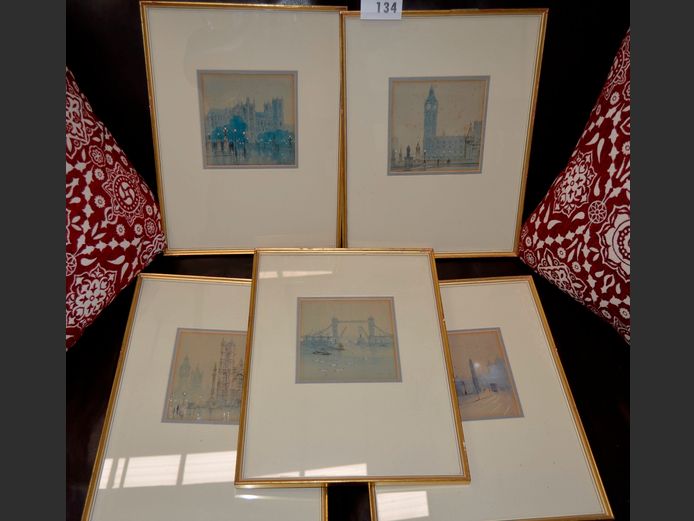 SET OF 5 GILT FRAMED PEN SKETCHES: BUILDINGS & BRIDGES, 16.5 x 16.5cm [Some foxing]