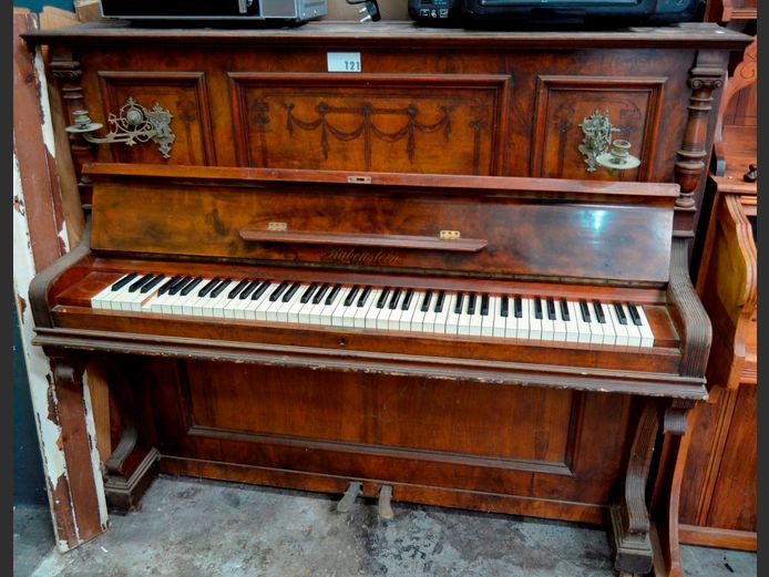 RUBENSTEIN PIANO WITH BRASS CANDELABRA, 142 x 61 x 128cm [In need of restoration]