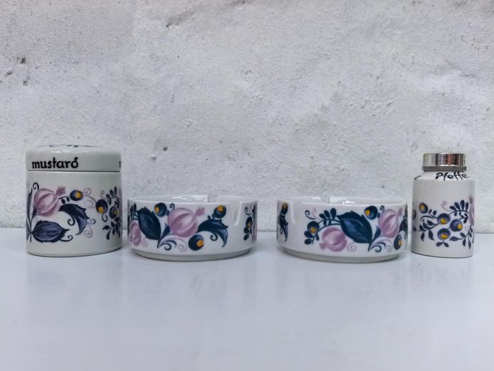 Vintage 4-Piece Ceramic Tableware Set: Mustard Pot, Shaker & Ashtrays
