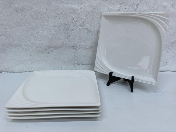 Set of 5 White Square Ceramic Plates with Swirl Accent