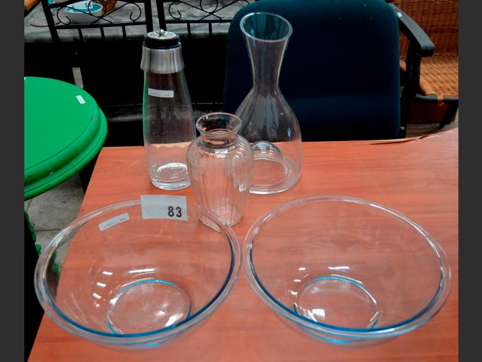 GLASS MIXING BOWLS, DECANTER, VASE, etc