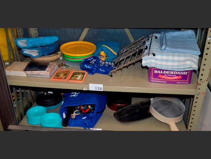 LOT ON 2 SHELVES: BALDERDASH, SCRABBLE, STAINLESS STEEL TRIVETS, POTTERY BOWL, etc