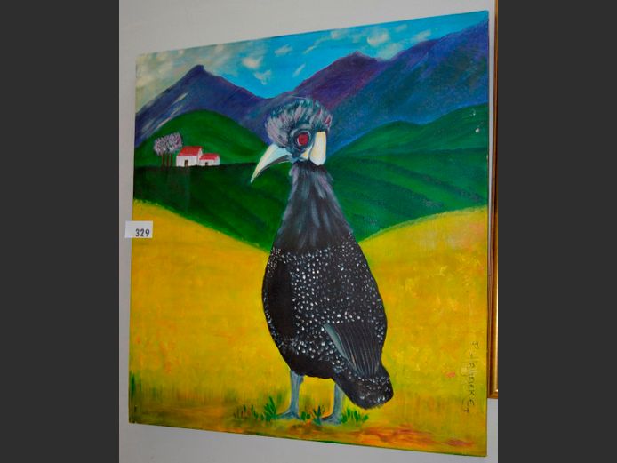 UNFRAMED OIL ON CANVAS "GUINEA FOWL" SIGNED R. HENECKE, 82 x 75cm